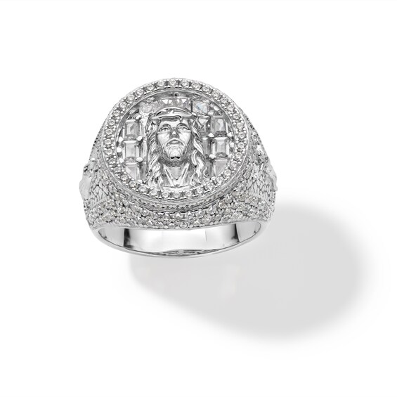 Sterling Silver CZ Jesus Face Medallion Ring - Size 10