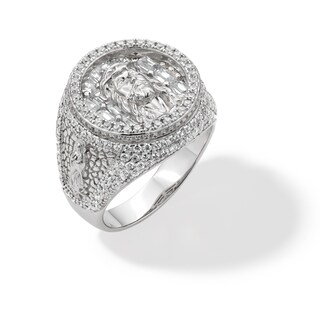 Sterling Silver CZ Jesus Face Medallion Ring - Size 10