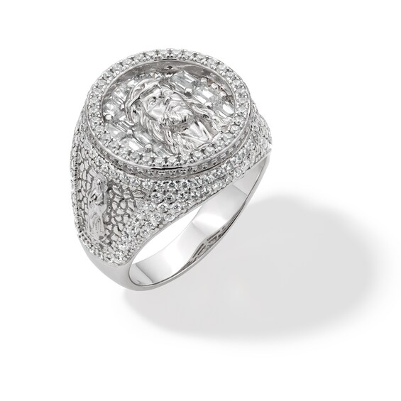 Sterling Silver CZ Jesus Face Medallion Ring - Size 10