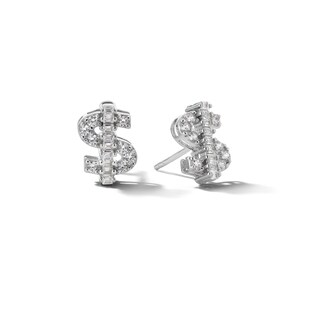 Solid ​​​​​​​Sterling Silver Baguette and Round CZ Dollar Sign Studs