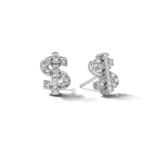 Solid ​​​​​​​Sterling Silver Baguette and Round CZ Dollar Sign Studs