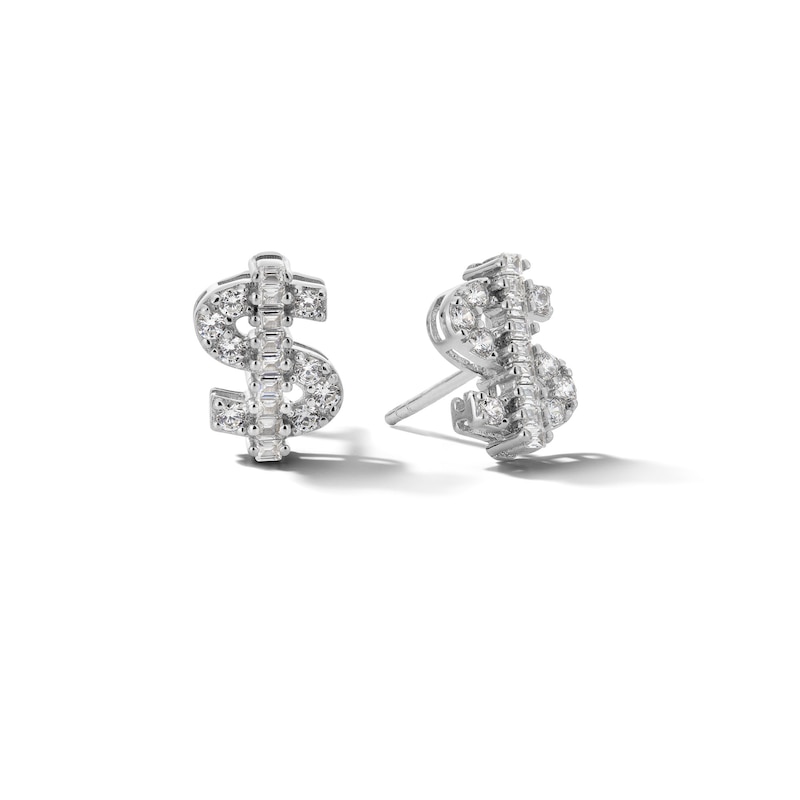 Solid Sterling Silver Baguette and Round CZ Dollar Sign Studs