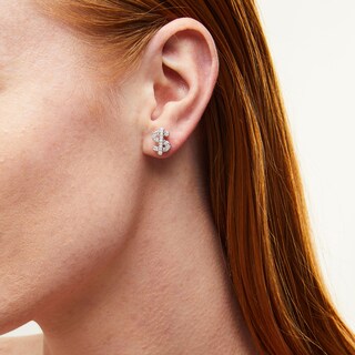 Solid ​​​​​​​Sterling Silver Baguette and Round CZ Dollar Sign Studs
