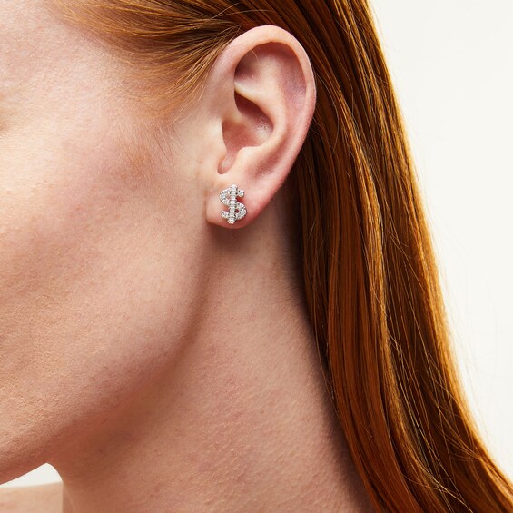 Solid ​​​​​​​Sterling Silver Baguette and Round CZ Dollar Sign Studs
