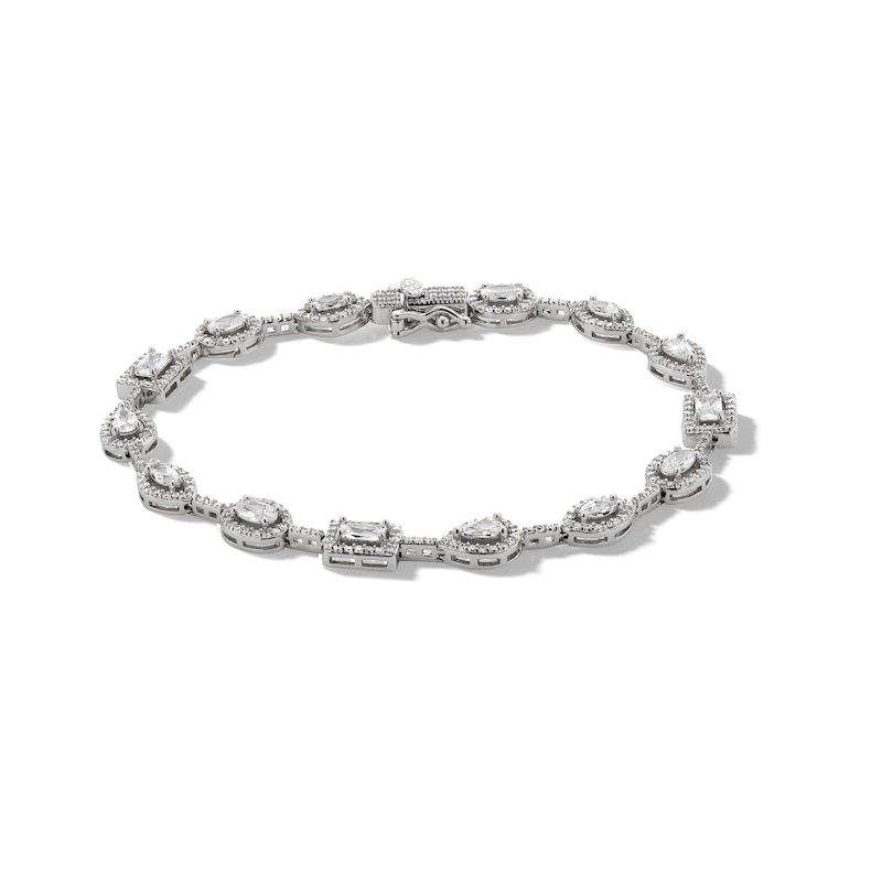 Solid Sterling Silver Multi-Shape CZ Framed Chain Link Bracelet - 7.25"