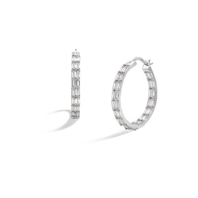 Sterling Silver CZ Baguette Two Row Hoops