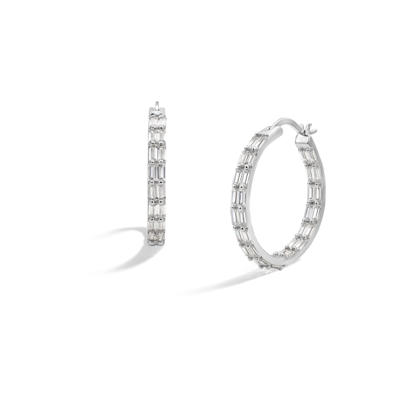 Sterling Silver CZ Baguette Two Row Hoops