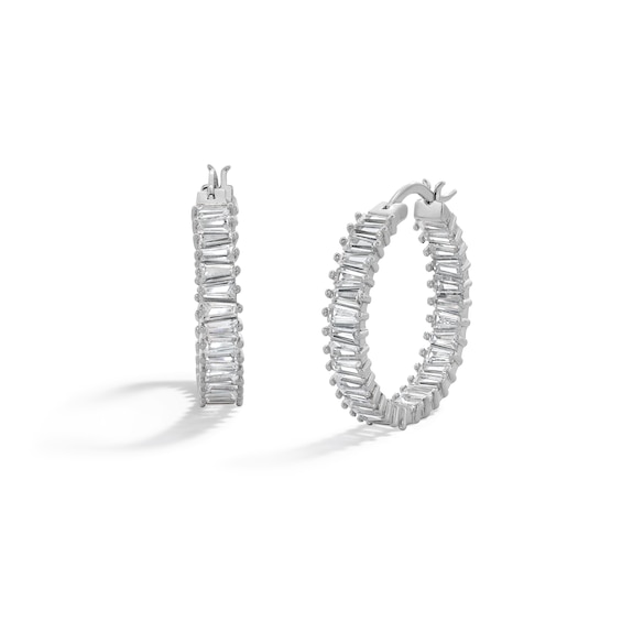 Sterling Silver CZ Alternating Baguette Cut Hoops