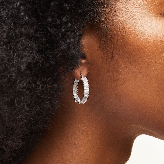Sterling Silver CZ Alternating Baguette Cut Hoops