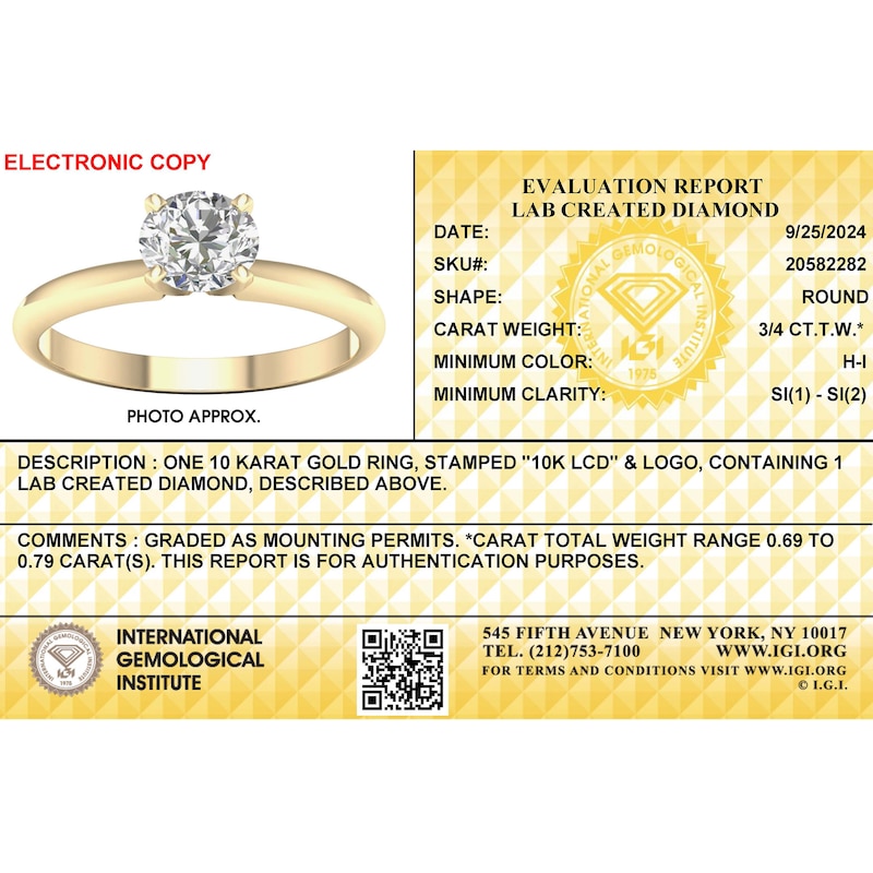 Main Image 3 of 10K Gold 3/4 CT. T.W. Lab-Grown Diamond Solitaire Ring