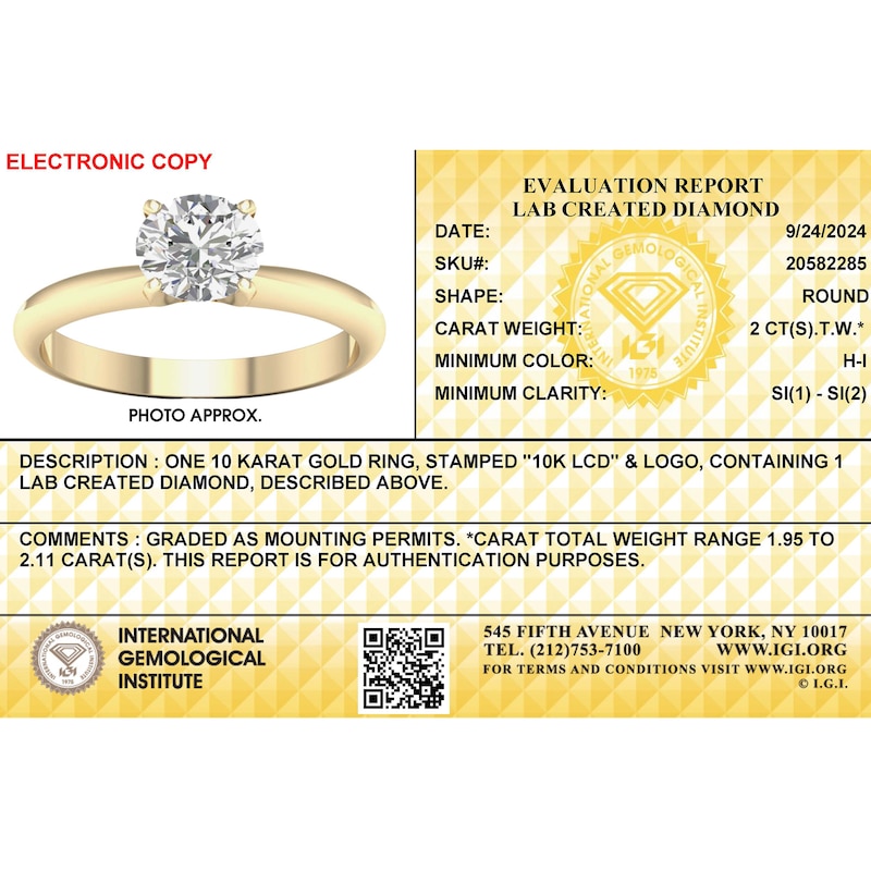 Main Image 3 of 10K Gold 2 CT. T.W. Lab-Grown Diamond Solitaire Ring