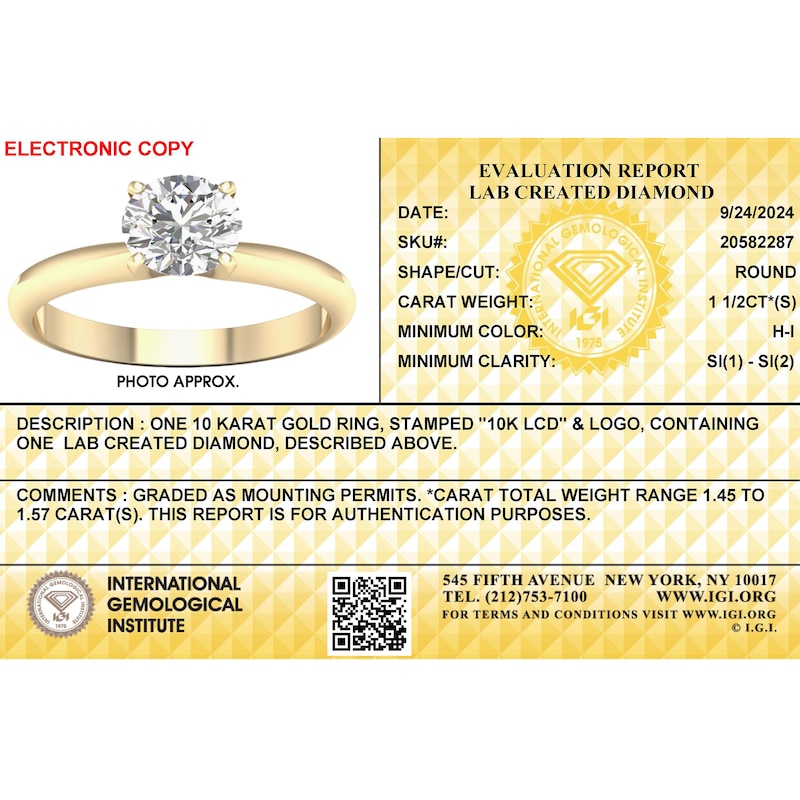 Main Image 3 of 10K Gold 1 1/2 CT. T.W. Lab-Created Diamond Solitaire Ring