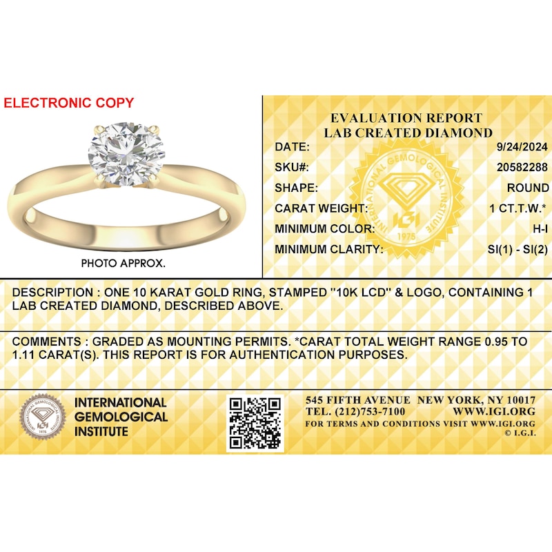 Main Image 4 of 10K Gold 1 CT. T.W. Lab-Grown Diamond Solitaire Ring