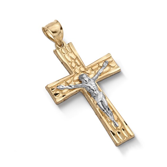 10K Gold Nugget Crucifix Two-Tone Necklace Charm