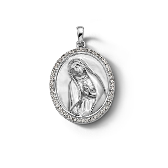 Sterling Silver CZ Virgin Mary Medallion Necklace Charm