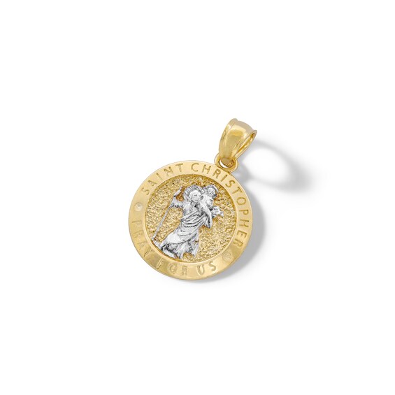 10K Solid Gold Saint Christopher Medallion Two-Tone Necklace Charm