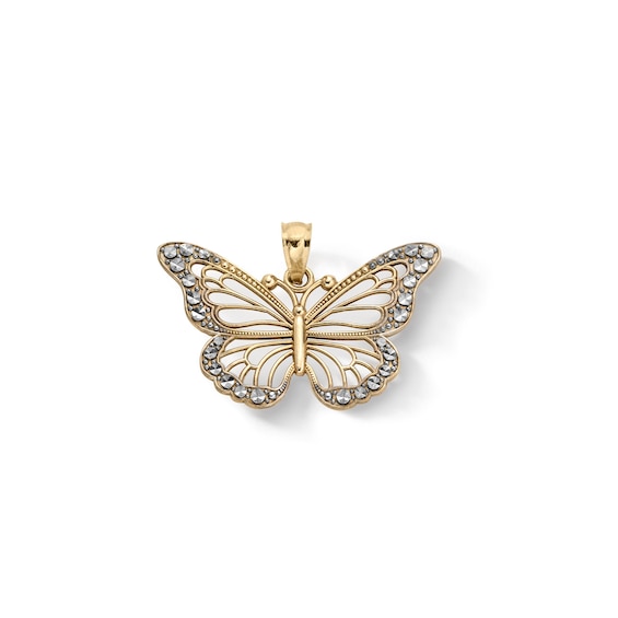 10K Solid Gold Diamond Cut Butterfly Two-Tone Necklace Charm