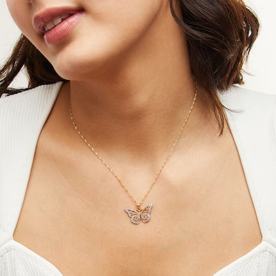 10K Solid Gold Diamond Cut Butterfly Two-Tone Necklace Charm
