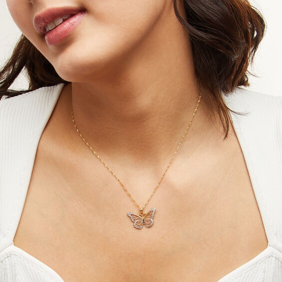 10K Solid Gold Diamond Cut Butterfly Two-Tone Necklace Charm