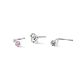 14K Solid White Gold CZ Three Piece Nose Stud Set - 24G 1/4"