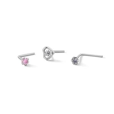14K Solid White Gold CZ Three Piece Nose Stud Set - 24G 1/4"