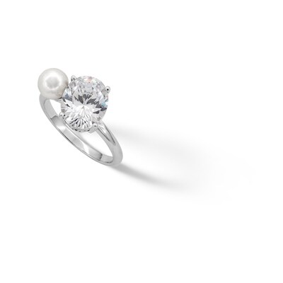 Sterling Silver CZ and Freshwater Cultured Pearl Toi et Moi Ring - Size 7