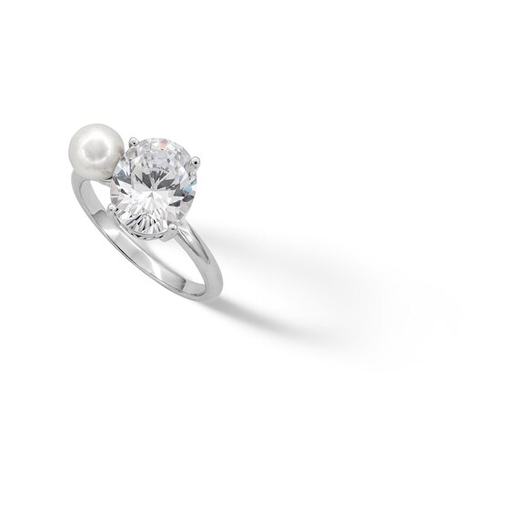 Sterling Silver CZ and Freshwater Cultured Pearl Toi et Moi Ring - Size 7