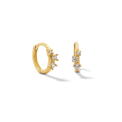 10K Solid Gold CZ Tri-Stone Huggie Hoops
