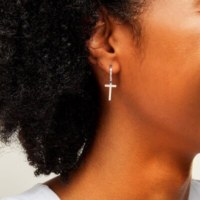 ​​​​​​​10K White Gold Cross Dangle Huggie Hoops