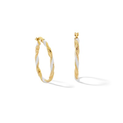 10K Solid Gold White Enamel Twist Hoops