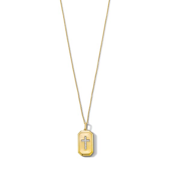 14K Gold Plated 1/6 CT. T.W. Diamond Cross Dog Tag Pendant Necklace