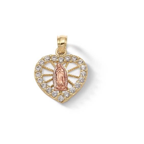 10K Solid Gold CZ Guadalupe Heart Necklace Charm