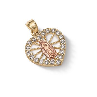 10K Solid Gold CZ Guadalupe Heart Necklace Charm
