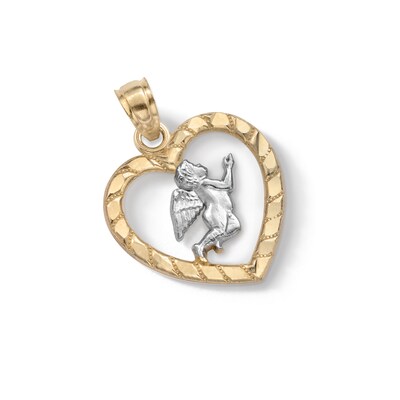 10K Solid Gold Diamond Cut Cherub Heart Two-Tone Necklace Charm