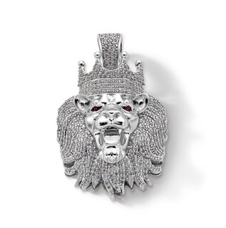 Sterling Silver CZ and Synthetic Garnet Crowned Lion Head Necklace Charm