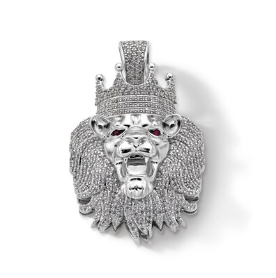 Sterling Silver CZ and Synthetic Garnet Crowned Lion Head Necklace Charm