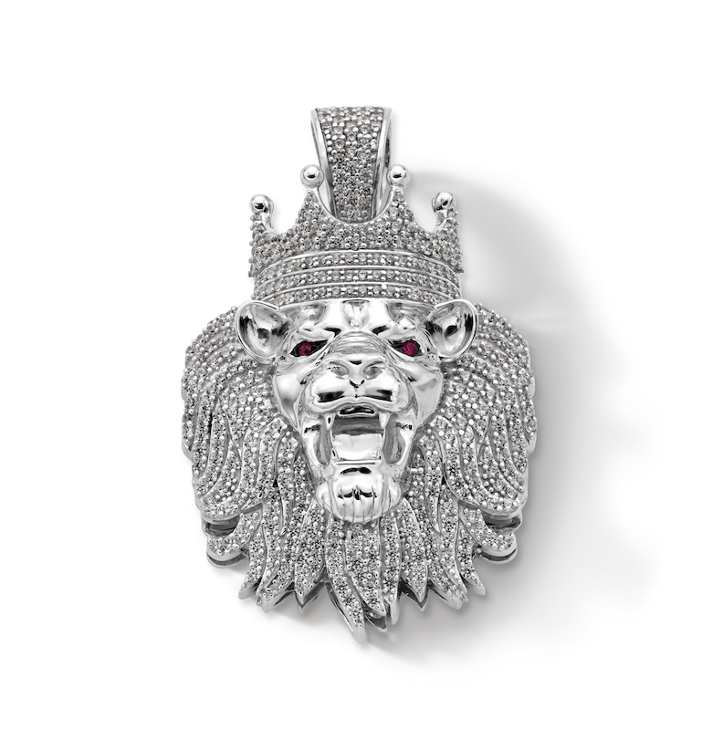 Sterling Silver CZ and Synthetic Garnet Crowned Lion Head Necklace Charm