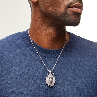 Sterling Silver CZ and Synthetic Garnet Crowned Lion Head Necklace Charm