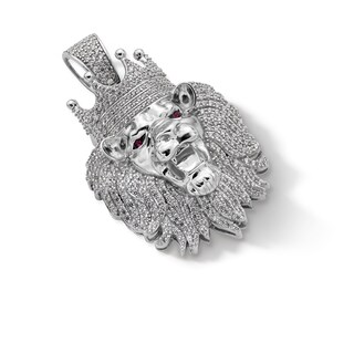 Sterling Silver CZ and Synthetic Garnet Crowned Lion Head Necklace Charm
