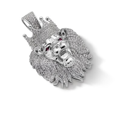 Sterling Silver CZ and Synthetic Garnet Crowned Lion Head Necklace Charm