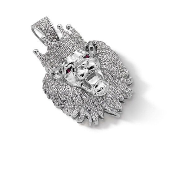 Sterling Silver CZ and Synthetic Garnet Crowned Lion Head Necklace Charm