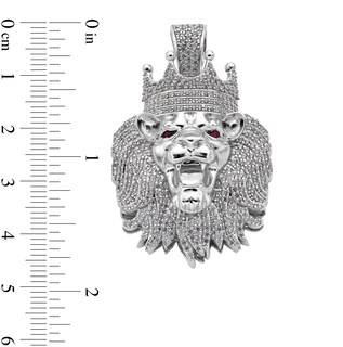 Sterling Silver CZ and Synthetic Garnet Crowned Lion Head Necklace Charm