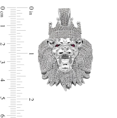 Sterling Silver CZ and Synthetic Garnet Crowned Lion Head Necklace Charm