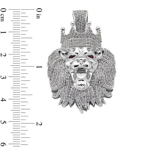 Sterling Silver CZ and Synthetic Garnet Crowned Lion Head Necklace Charm
