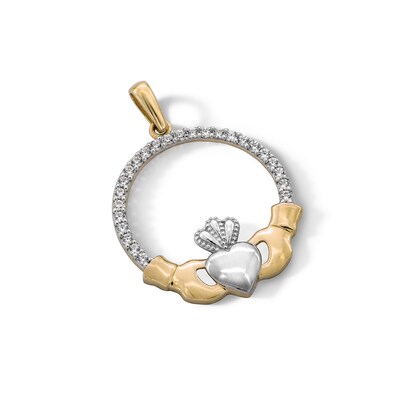10K Solid Gold CZ Claddagh Two-Tone Necklace Charm