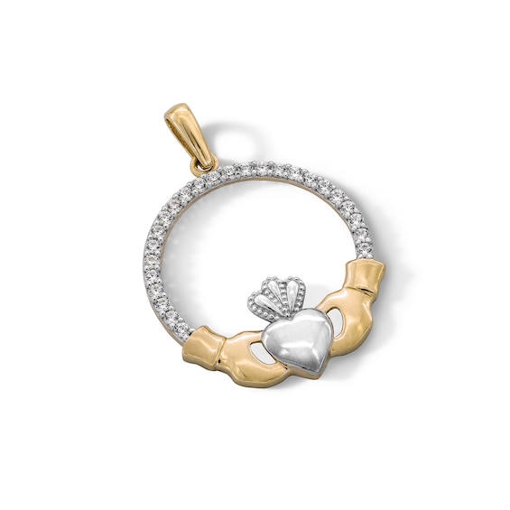 10K Solid Gold CZ Claddagh Two-Tone Necklace Charm