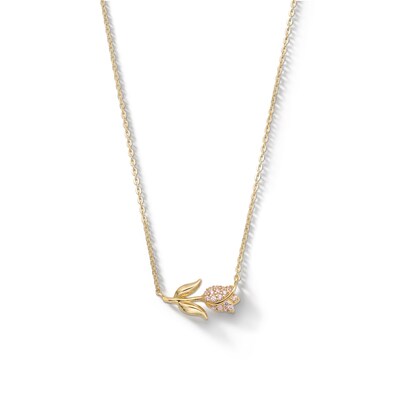 10K Solid Gold Pink CZ Rose Pendant - 16" + 2"