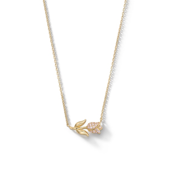 10K Solid Gold Pink CZ Rose Pendant - 16" + 2"