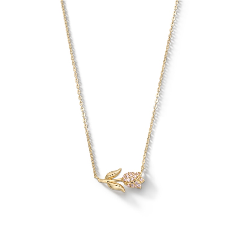 10K Solid Gold Pink CZ Rose Pendant - 16" + 2"
