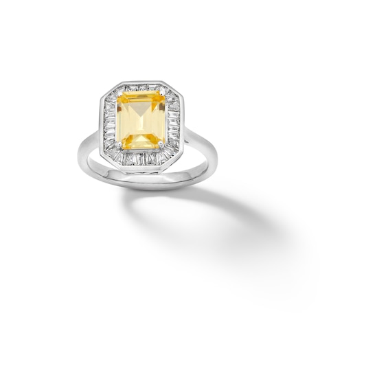 Sterling Silver CZ Yellow Emerald-Cut Halo Ring - Size 8
